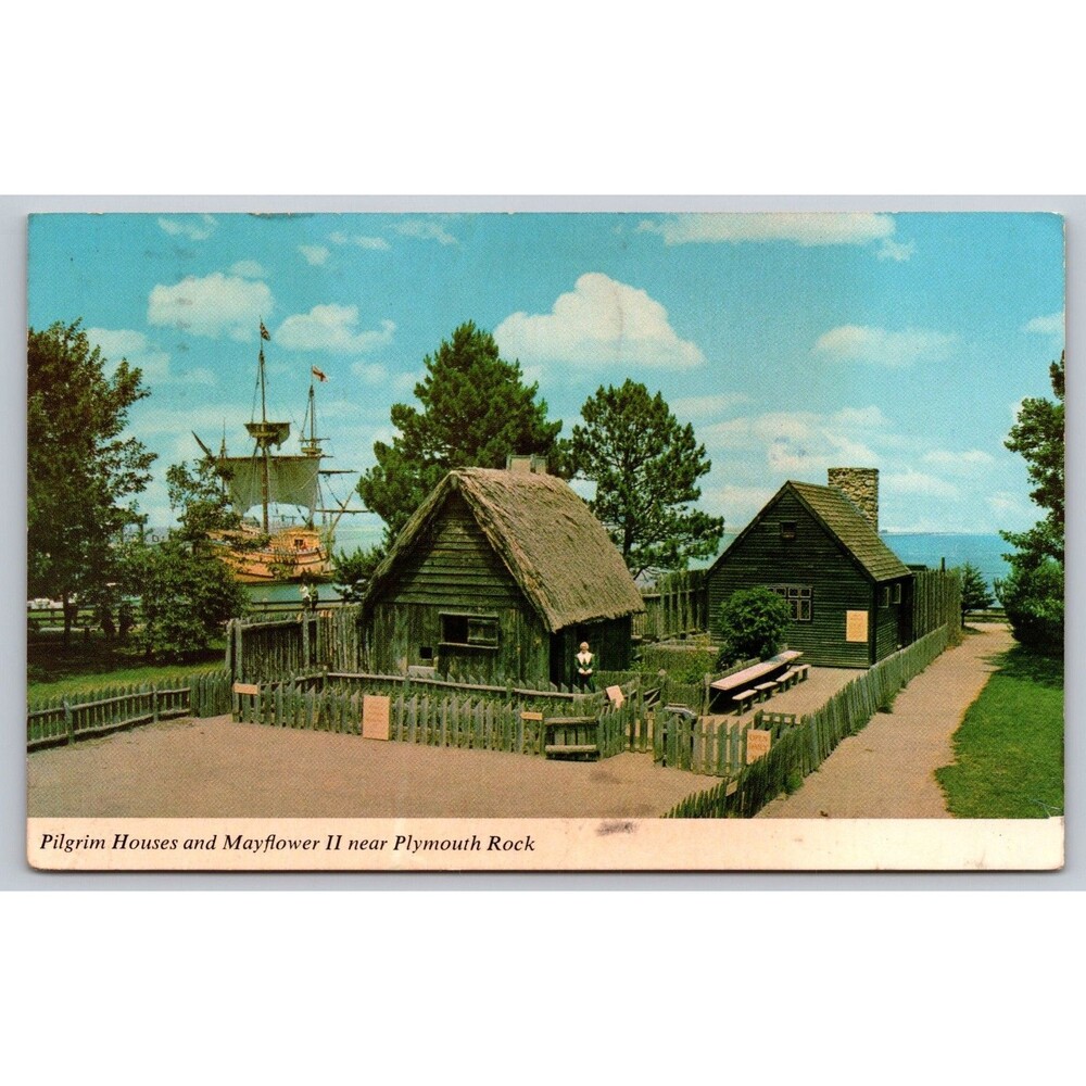 Postcard Massachusetts Plymouth Rock Replicas Pilgrim Houses & Mayflower II 1975
